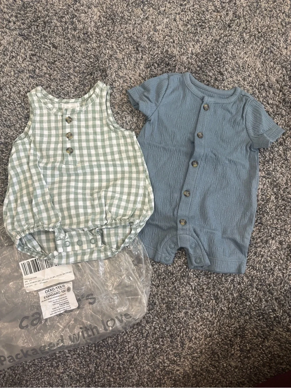 Carter's Green Gingham Bubble Romper & Blue Button Knit Romper Set
